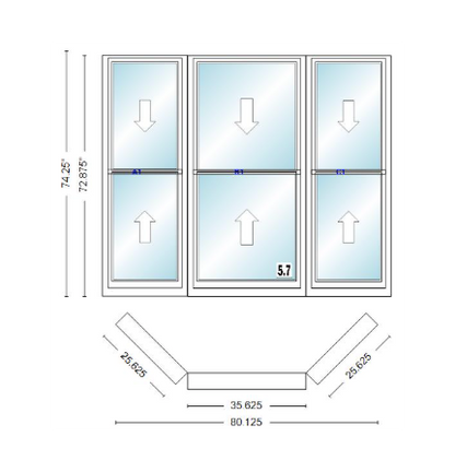 Andersen 400 Series Double Hung Bay Window 80 1/8" Wide Double Hung With Double Hung Flankers 45 Degree Angle Of Deflection Vinyl Exterior Wood Interior Low-E4 Dual Pane Argon Gas