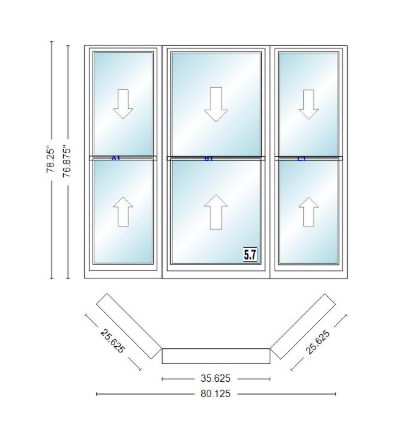 Andersen 400 Series Double Hung Bay Window 80 1/8" Wide Double Hung With Double Hung Flankers 45 Degree Angle Of Deflection Vinyl Exterior Wood Interior Low-E4 Dual Pane Argon Gas