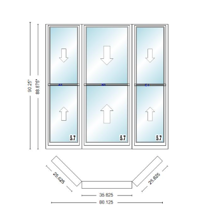 Andersen 400 Series Double Hung Bay Window 80 1/8" Wide Double Hung With Double Hung Flankers 45 Degree Angle Of Deflection Vinyl Exterior Wood Interior Low-E4 Dual Pane Argon Gas