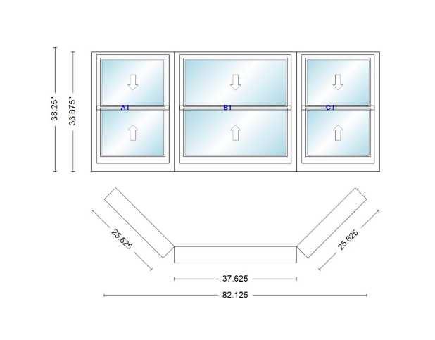 Andersen 400 Series Double Hung Bay Window 82 1/8" Wide Double Hung With Double Hung Flankers 45 Degree Angle Of Deflection Vinyl Exterior Wood Interior Low-E4 Dual Pane Argon Gas