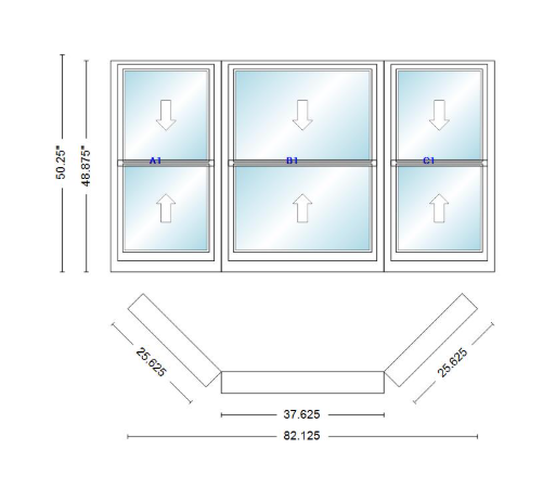 Andersen 400 Series Double Hung Bay Window 82 1/8" Wide Double Hung With Double Hung Flankers 45 Degree Angle Of Deflection Vinyl Exterior Wood Interior Low-E4 Dual Pane Argon Gas