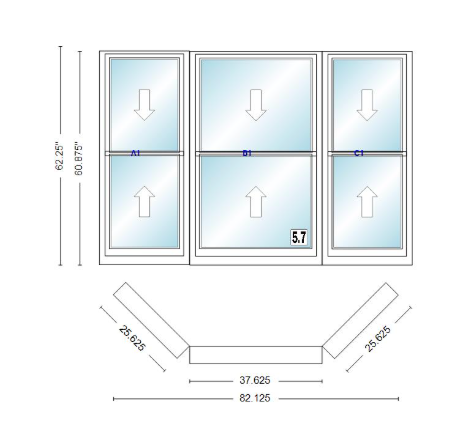 Andersen 400 Series Double Hung Bay Window 82 1/8" Wide Double Hung With Double Hung Flankers 45 Degree Angle Of Deflection Vinyl Exterior Wood Interior Low-E4 Dual Pane Argon Gas