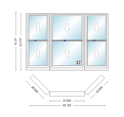 Andersen 400 Series Double Hung Bay Window 82 1/8" Wide Double Hung With Double Hung Flankers 45 Degree Angle Of Deflection Vinyl Exterior Wood Interior Low-E4 Dual Pane Argon Gas