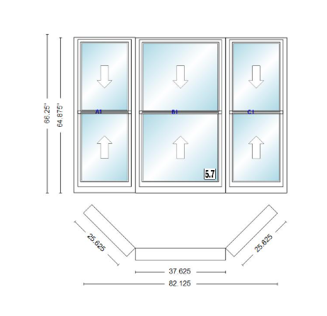 Andersen 400 Series Double Hung Bay Window 82 1/8" Wide Double Hung With Double Hung Flankers 45 Degree Angle Of Deflection Vinyl Exterior Wood Interior Low-E4 Dual Pane Argon Gas