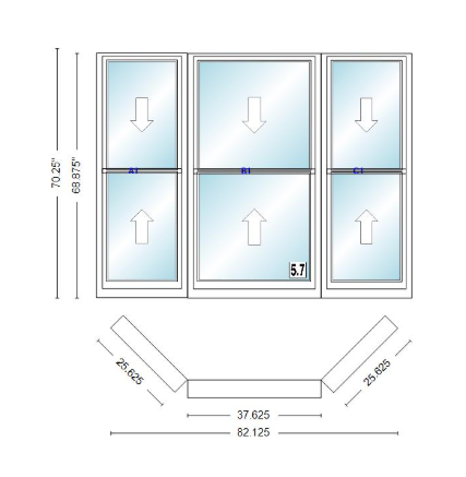 Andersen 400 Series Double Hung Bay Window 82 1/8" Wide Double Hung With Double Hung Flankers 45 Degree Angle Of Deflection Vinyl Exterior Wood Interior Low-E4 Dual Pane Argon Gas