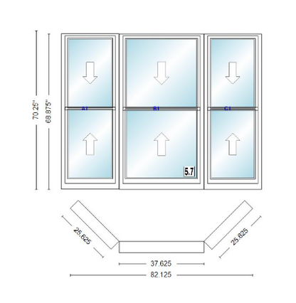 Andersen 400 Series Double Hung Bay Window 82 1/8" Wide Double Hung With Double Hung Flankers 45 Degree Angle Of Deflection Vinyl Exterior Wood Interior Low-E4 Dual Pane Argon Gas