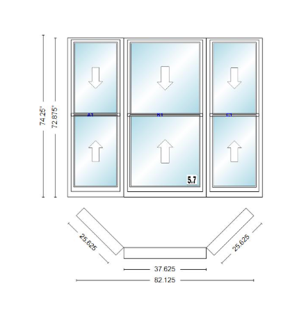Andersen 400 Series Double Hung Bay Window 82 1/8" Wide Double Hung With Double Hung Flankers 45 Degree Angle Of Deflection Vinyl Exterior Wood Interior Low-E4 Dual Pane Argon Gas