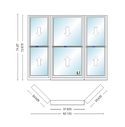 Andersen 400 Series Double Hung Bay Window 82 1/8" Wide Double Hung With Double Hung Flankers 45 Degree Angle Of Deflection Vinyl Exterior Wood Interior Low-E4 Dual Pane Argon Gas