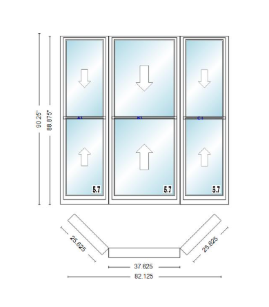 Andersen 400 Series Double Hung Bay Window 82 1/8" Wide Double Hung With Double Hung Flankers 45 Degree Angle Of Deflection Vinyl Exterior Wood Interior Low-E4 Dual Pane Argon Gas