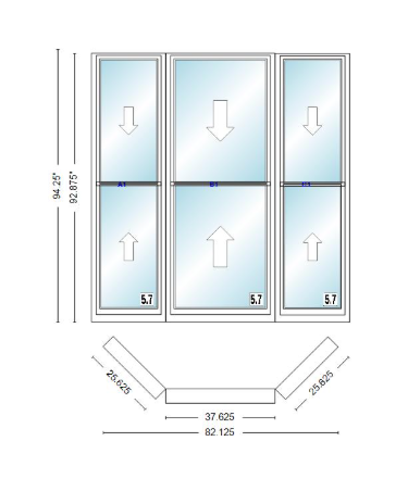 Andersen 400 Series Double Hung Bay Window 82 1/8" Wide Double Hung With Double Hung Flankers 45 Degree Angle Of Deflection Vinyl Exterior Wood Interior Low-E4 Dual Pane Argon Gas