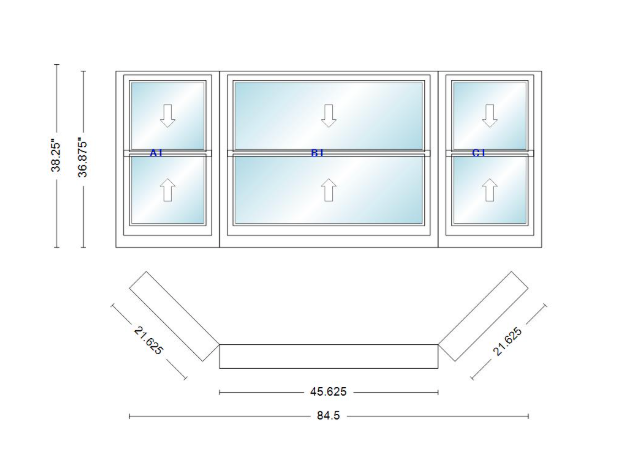 Andersen 400 Series Double Hung Bay Window 84 1/2" Wide Double Hung With Double Hung Flankers 45 Degree Angle Of Deflection Vinyl Exterior Wood Interior Low-E4 Dual Pane Argon Gas