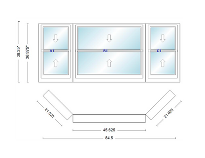 Andersen 400 Series Double Hung Bay Window 84 1/2" Wide Double Hung With Double Hung Flankers 45 Degree Angle Of Deflection Vinyl Exterior Wood Interior Low-E4 Dual Pane Argon Gas