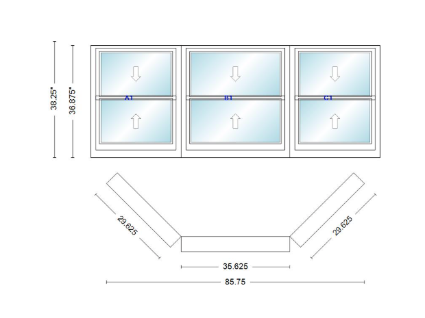 Andersen 400 Series Double Hung Bay Window 85 3/4" Wide Double Hung With Double Hung Flankers 45 Degree Angle Of Deflection Vinyl Exterior Wood Interior Low-E4 Dual Pane Argon Gas