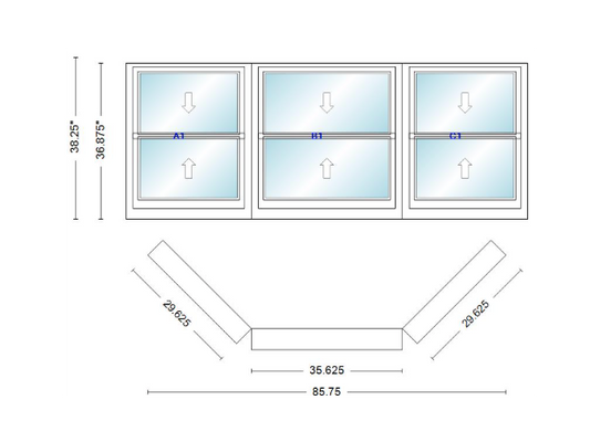 Andersen 400 Series Double Hung Bay Window 85 3/4" Wide Double Hung With Double Hung Flankers 45 Degree Angle Of Deflection Vinyl Exterior Wood Interior Low-E4 Dual Pane Argon Gas