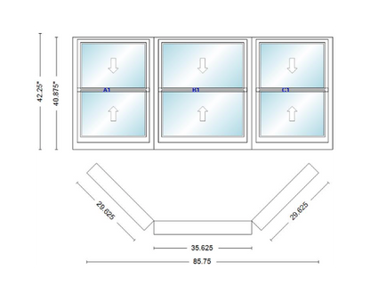 Andersen 400 Series Double Hung Bay Window 85 3/4" Wide Double Hung With Double Hung Flankers 45 Degree Angle Of Deflection Vinyl Exterior Wood Interior Low-E4 Dual Pane Argon Gas