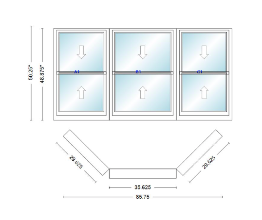 Andersen 400 Series Double Hung Bay Window 85 3/4" Wide Double Hung With Double Hung Flankers 45 Degree Angle Of Deflection Vinyl Exterior Wood Interior Low-E4 Dual Pane Argon Gas