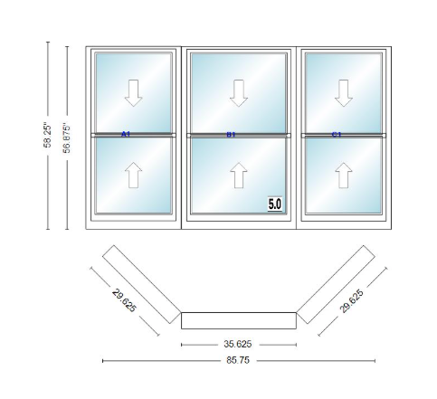 Andersen 400 Series Double Hung Bay Window 85 3/4" Wide Double Hung With Double Hung Flankers 45 Degree Angle Of Deflection Vinyl Exterior Wood Interior Low-E4 Dual Pane Argon Gas