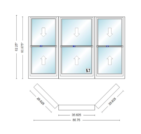 Andersen 400 Series Double Hung Bay Window 85 3/4" Wide Double Hung With Double Hung Flankers 45 Degree Angle Of Deflection Vinyl Exterior Wood Interior Low-E4 Dual Pane Argon Gas