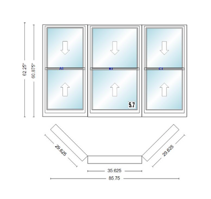 Andersen 400 Series Double Hung Bay Window 85 3/4" Wide Double Hung With Double Hung Flankers 45 Degree Angle Of Deflection Vinyl Exterior Wood Interior Low-E4 Dual Pane Argon Gas