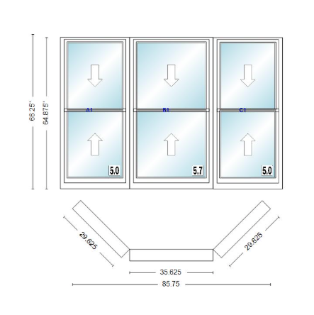 Andersen 400 Series Double Hung Bay Window 85 3/4" Wide Double Hung With Double Hung Flankers 45 Degree Angle Of Deflection Vinyl Exterior Wood Interior Low-E4 Dual Pane Argon Gas