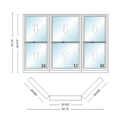 Andersen 400 Series Double Hung Bay Window 85 3/4" Wide Double Hung With Double Hung Flankers 45 Degree Angle Of Deflection Vinyl Exterior Wood Interior Low-E4 Dual Pane Argon Gas
