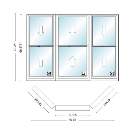 Andersen 400 Series Double Hung Bay Window 85 3/4" Wide Double Hung With Double Hung Flankers 45 Degree Angle Of Deflection Vinyl Exterior Wood Interior Low-E4 Dual Pane Argon Gas