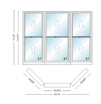 Andersen 400 Series Double Hung Bay Window 85 3/4" Wide Double Hung With Double Hung Flankers 45 Degree Angle Of Deflection Vinyl Exterior Wood Interior Low-E4 Dual Pane Argon Gas