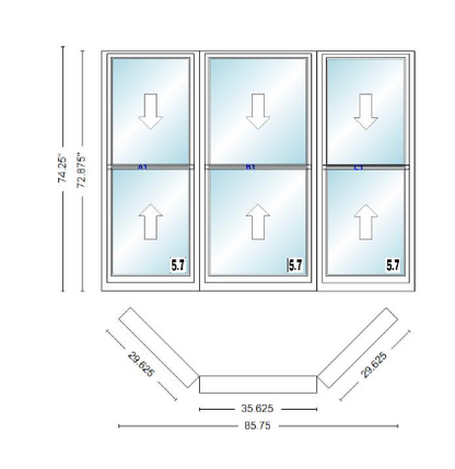 Andersen 400 Series Double Hung Bay Window 85 3/4" Wide Double Hung With Double Hung Flankers 45 Degree Angle Of Deflection Vinyl Exterior Wood Interior Low-E4 Dual Pane Argon Gas