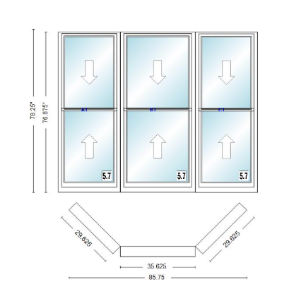 Andersen 400 Series Double Hung Bay Window 85 3/4" Wide Double Hung With Double Hung Flankers 45 Degree Angle Of Deflection Vinyl Exterior Wood Interior Low-E4 Dual Pane Argon Gas