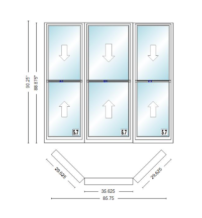 Andersen 400 Series Double Hung Bay Window 85 3/4" Wide Double Hung With Double Hung Flankers 45 Degree Angle Of Deflection Vinyl Exterior Wood Interior Low-E4 Dual Pane Argon Gas