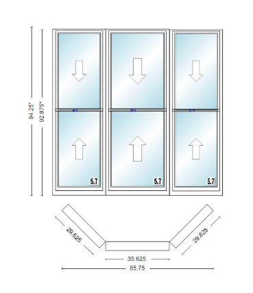 Andersen 400 Series Double Hung Bay Window 85 3/4" Wide Double Hung With Double Hung Flankers 45 Degree Angle Of Deflection Vinyl Exterior Wood Interior Low-E4 Dual Pane Argon Gas