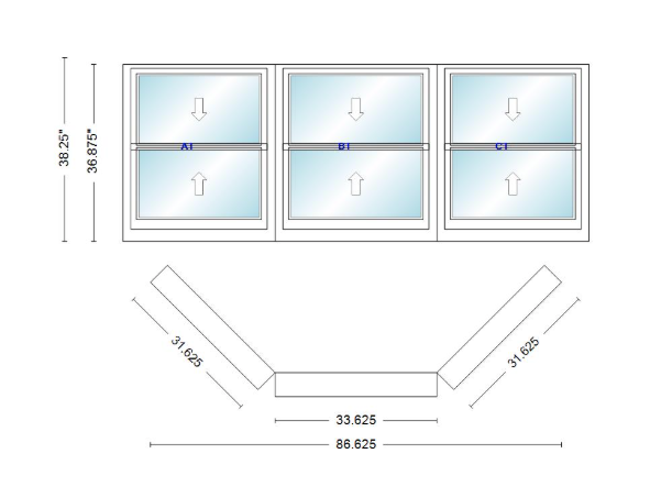 Andersen 400 Series Double Hung Bay Window 86 5/8" Wide Double Hung With Double Hung Flankers 45 Degree Angle Of Deflection Vinyl Exterior Wood Interior Low-E4 Dual Pane Argon Gas