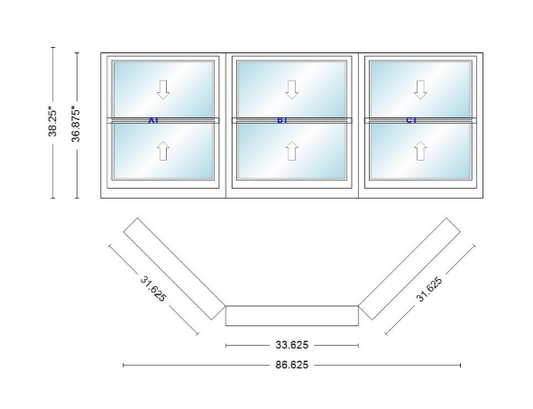 Andersen 400 Series Double Hung Bay Window 86 5/8" Wide Double Hung With Double Hung Flankers 45 Degree Angle Of Deflection Vinyl Exterior Wood Interior Low-E4 Dual Pane Argon Gas