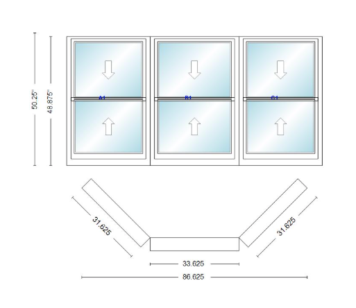 Andersen 400 Series Double Hung Bay Window 86 5/8" Wide Double Hung With Double Hung Flankers 45 Degree Angle Of Deflection Vinyl Exterior Wood Interior Low-E4 Dual Pane Argon Gas