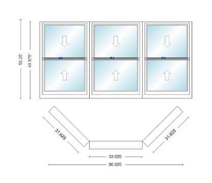 Andersen 400 Series Double Hung Bay Window 86 5/8" Wide Double Hung With Double Hung Flankers 45 Degree Angle Of Deflection Vinyl Exterior Wood Interior Low-E4 Dual Pane Argon Gas