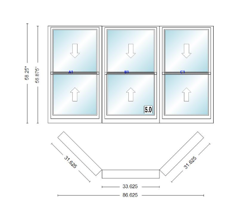 Andersen 400 Series Double Hung Bay Window 86 5/8" Wide Double Hung With Double Hung Flankers 45 Degree Angle Of Deflection Vinyl Exterior Wood Interior Low-E4 Dual Pane Argon Gas