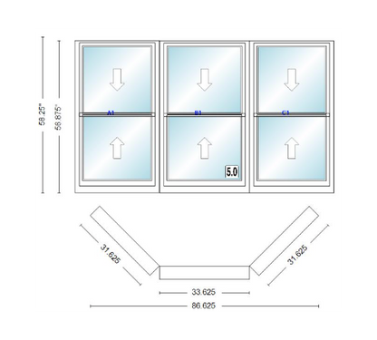 Andersen 400 Series Double Hung Bay Window 86 5/8" Wide Double Hung With Double Hung Flankers 45 Degree Angle Of Deflection Vinyl Exterior Wood Interior Low-E4 Dual Pane Argon Gas