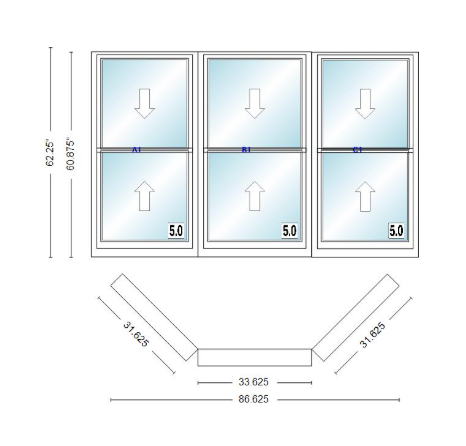 Andersen 400 Series Double Hung Bay Window 86 5/8" Wide Double Hung With Double Hung Flankers 45 Degree Angle Of Deflection Vinyl Exterior Wood Interior Low-E4 Dual Pane Argon Gas
