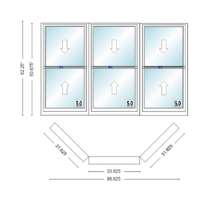 Andersen 400 Series Double Hung Bay Window 86 5/8" Wide Double Hung With Double Hung Flankers 45 Degree Angle Of Deflection Vinyl Exterior Wood Interior Low-E4 Dual Pane Argon Gas