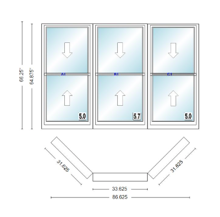 Andersen 400 Series Double Hung Bay Window 86 5/8" Wide Double Hung With Double Hung Flankers 45 Degree Angle Of Deflection Vinyl Exterior Wood Interior Low-E4 Dual Pane Argon Gas