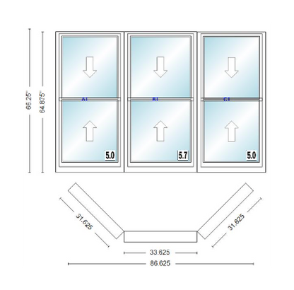 Andersen 400 Series Double Hung Bay Window 86 5/8" Wide Double Hung With Double Hung Flankers 45 Degree Angle Of Deflection Vinyl Exterior Wood Interior Low-E4 Dual Pane Argon Gas