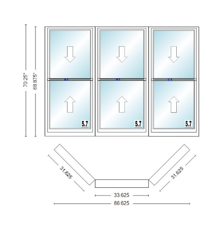 Andersen 400 Series Double Hung Bay Window 86 5/8" Wide Double Hung With Double Hung Flankers 45 Degree Angle Of Deflection Vinyl Exterior Wood Interior Low-E4 Dual Pane Argon Gas