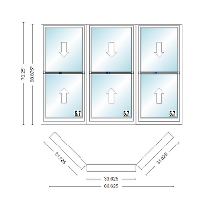Andersen 400 Series Double Hung Bay Window 86 5/8" Wide Double Hung With Double Hung Flankers 45 Degree Angle Of Deflection Vinyl Exterior Wood Interior Low-E4 Dual Pane Argon Gas