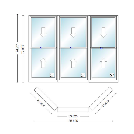 Andersen 400 Series Double Hung Bay Window 86 5/8" Wide Double Hung With Double Hung Flankers 45 Degree Angle Of Deflection Vinyl Exterior Wood Interior Low-E4 Dual Pane Argon Gas