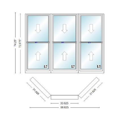 Andersen 400 Series Double Hung Bay Window 86 5/8" Wide Double Hung With Double Hung Flankers 45 Degree Angle Of Deflection Vinyl Exterior Wood Interior Low-E4 Dual Pane Argon Gas
