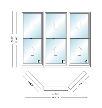 Andersen 400 Series Double Hung Bay Window 86 5/8" Wide Double Hung With Double Hung Flankers 45 Degree Angle Of Deflection Vinyl Exterior Wood Interior Low-E4 Dual Pane Argon Gas