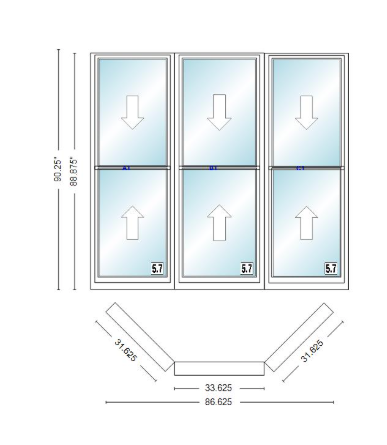 Andersen 400 Series Double Hung Bay Window 86 5/8" Wide Double Hung With Double Hung Flankers 45 Degree Angle Of Deflection Vinyl Exterior Wood Interior Low-E4 Dual Pane Argon Gas