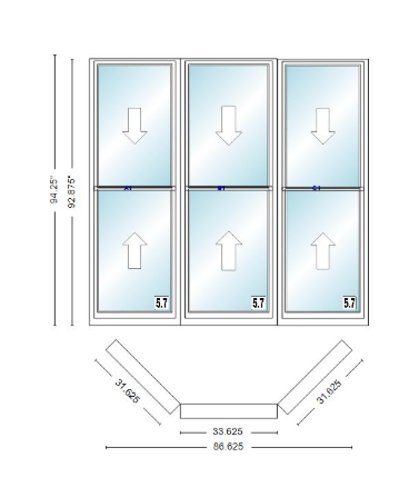 Andersen 400 Series Double Hung Bay Window 86 5/8" Wide Double Hung With Double Hung Flankers 45 Degree Angle Of Deflection Vinyl Exterior Wood Interior Low-E4 Dual Pane Argon Gas