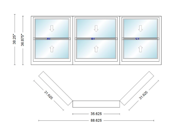 Andersen 400 Series Double Hung Bay Window 88 5/8" Wide Double Hung With Double Hung Flankers 45 Degree Angle Of Deflection Vinyl Exterior Wood Interior Low-E4 Dual Pane Argon Gas