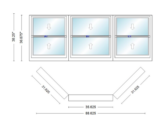 Andersen 400 Series Double Hung Bay Window 88 5/8" Wide Double Hung With Double Hung Flankers 45 Degree Angle Of Deflection Vinyl Exterior Wood Interior Low-E4 Dual Pane Argon Gas